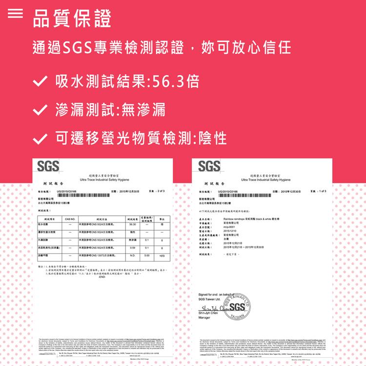 ≡ 品質保證，通過SGS專業檢測認證,妳可放心信任，吸水測試結果:56.3倍，√ 滲漏測試:無滲漏，可遷移螢光物質檢測:陰性，超微量工業安全實驗室，測試報告，日期:2015年12月30日,此北市萬聯溫長學個15號2樓，測試結果:測試CNS SSD24