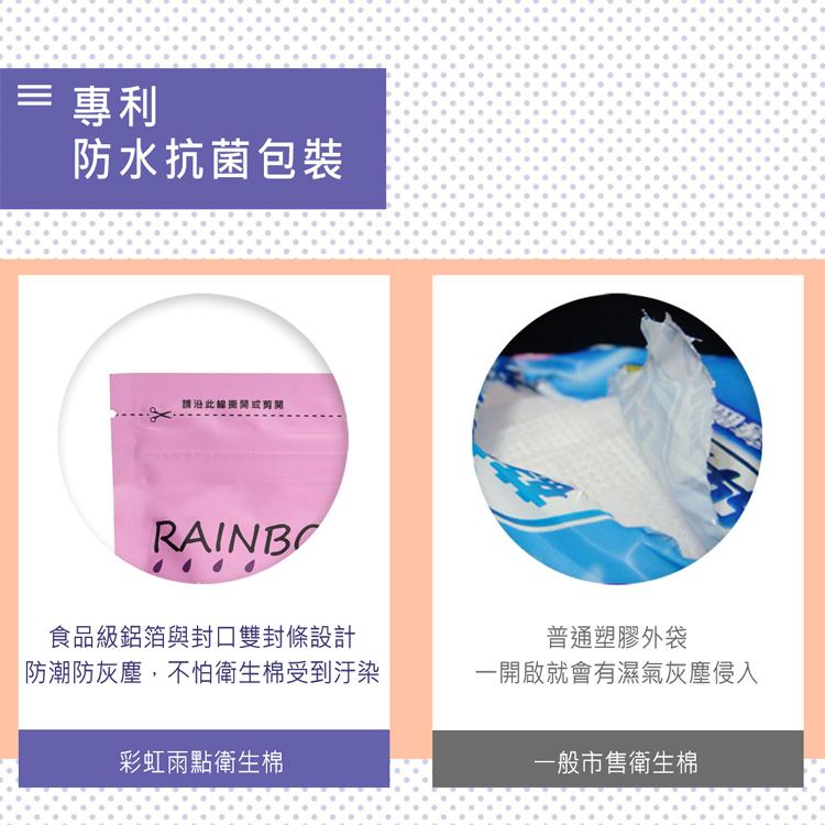 ≡ 專利，防水抗菌包裝，請沿此線撕開或剪開，食品級鋁箔與封口雙封條設計，防潮防灰塵,不怕衛生棉受到汙染，普通塑膠外袋，一開啟就會有濕氣灰塵侵入，彩虹雨點衛生棉，一般市售衛生棉。