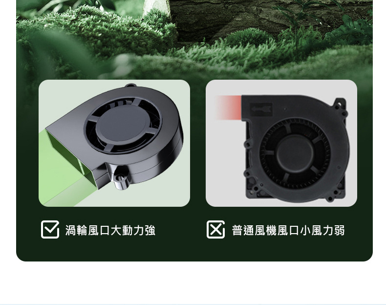 渦輪風口大動力強, 普通風機風口小風力弱。