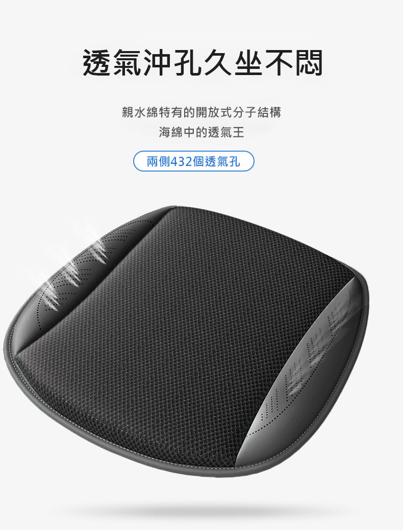 透氣沖孔久坐不悶,親水綿特有的開放式分子結構,海綿中的透氣王,兩側432個透氣孔。