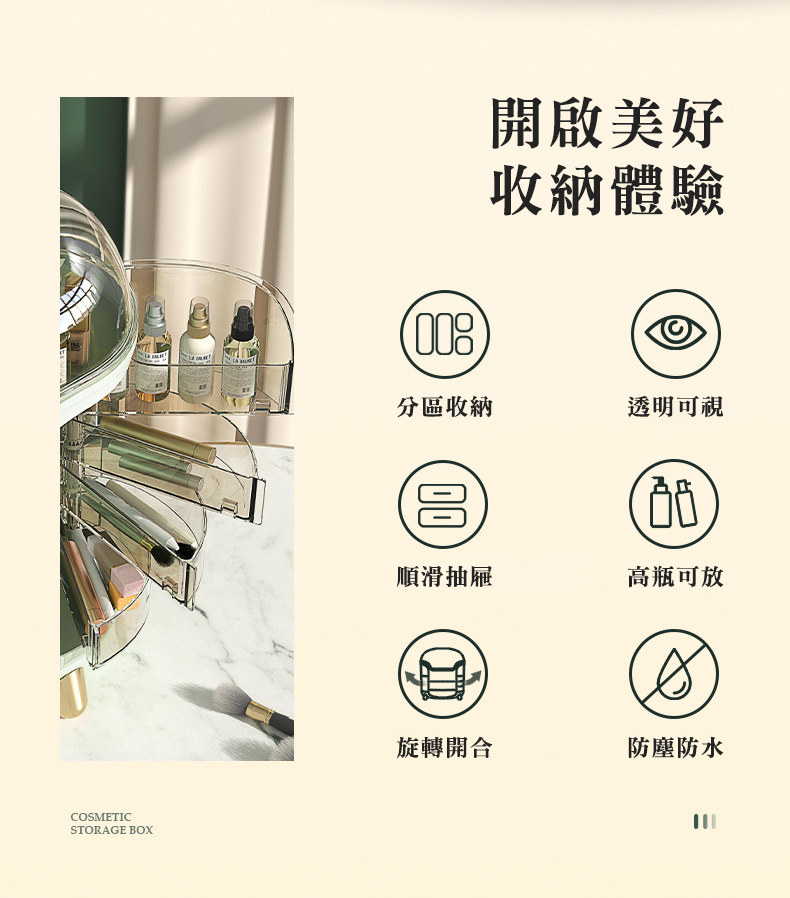 開啟美好，收納體驗，分區收納，順滑抽屜，旋轉開合，透明可視，高瓶可放，防塵防水。