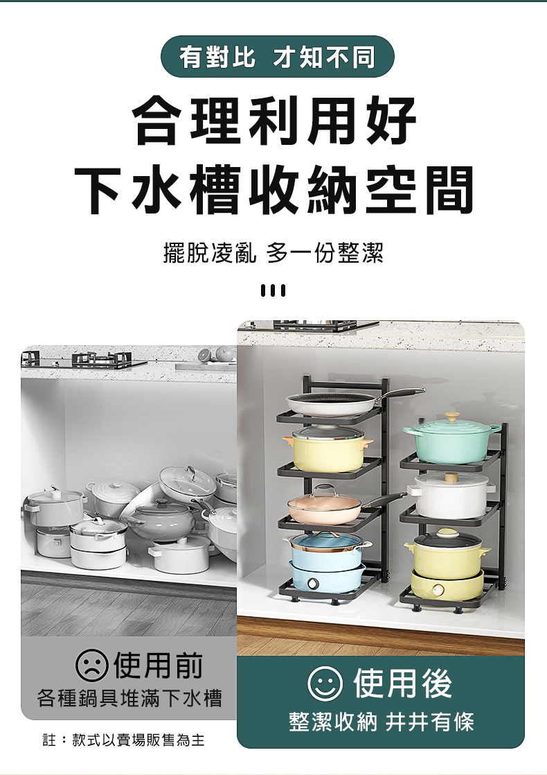 有對比 才知不同，合理利用好，下水槽收納空間，擺脫凌亂 多一份整潔，使用前，各種鍋具堆滿下水槽，註:款式以賣場販售為主，使用後，整潔收納 井井有條。