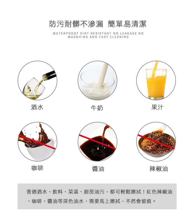 防污耐髒不滲漏 簡單易清潔，辣椒油，普通酒水、飲料、菜湯、廚房油污,都可輕鬆擦拭!紅色辣椒油，[咖啡、醬油等深色油水,需要馬上擦拭,不然會留痕。