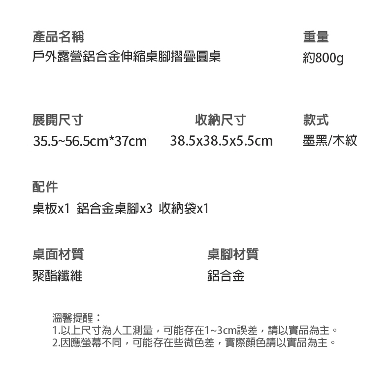 產品名稱，戶外露營鋁合金伸縮桌腳摺疊圓桌，展開尺寸，收納尺寸，桌板x1 鋁合金桌腳x3收納袋x1，桌面材質，聚酯纖維，桌腳材質，鋁合金，約800g，墨黑/木紋，溫馨提醒:1.以上尺寸為人工測量,可能存在1~3cm誤差,請以實品為主。2.因應螢幕不同,