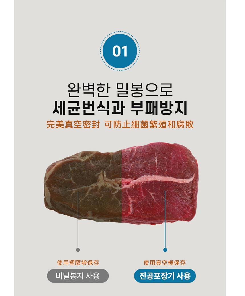 완벽한 밀봉으로，세균번식과 부패방지，完美真空密封 可防止細菌繁殖和腐敗，使用塑膠袋保存，비닐봉지 사용，使用真空機保存，진공포장기 사용。