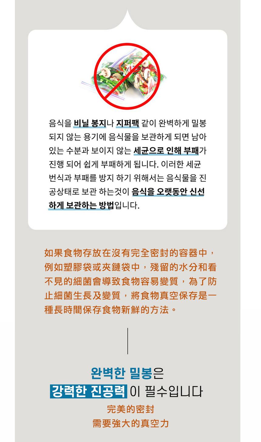 음식을 비닐 봉지나 지퍼팩 같이 완벽하게 밀봉，되지 않는 용기에 음식물을 보관하게 되면 남아，있는 수분과 보이지 않는 세균으로 인해 부패가，진행 되어 쉽게 부패하게 됩니다. 이러한 세균，번식과 부패를 방지 하기 위해서는 음식