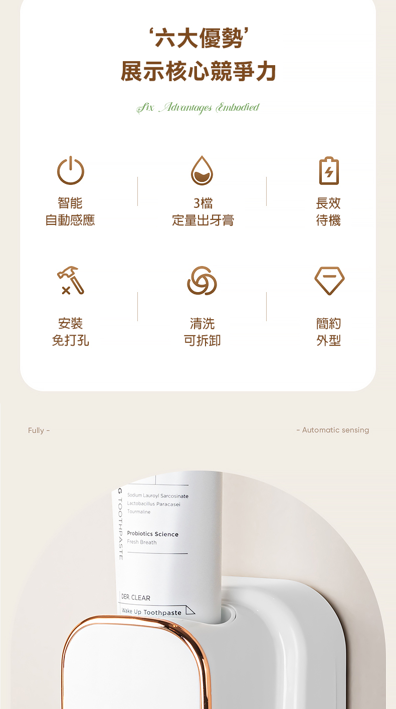 自動感應,免打孔,‘六大優勢’,展示核心競爭力,定量出牙膏,可拆卸。