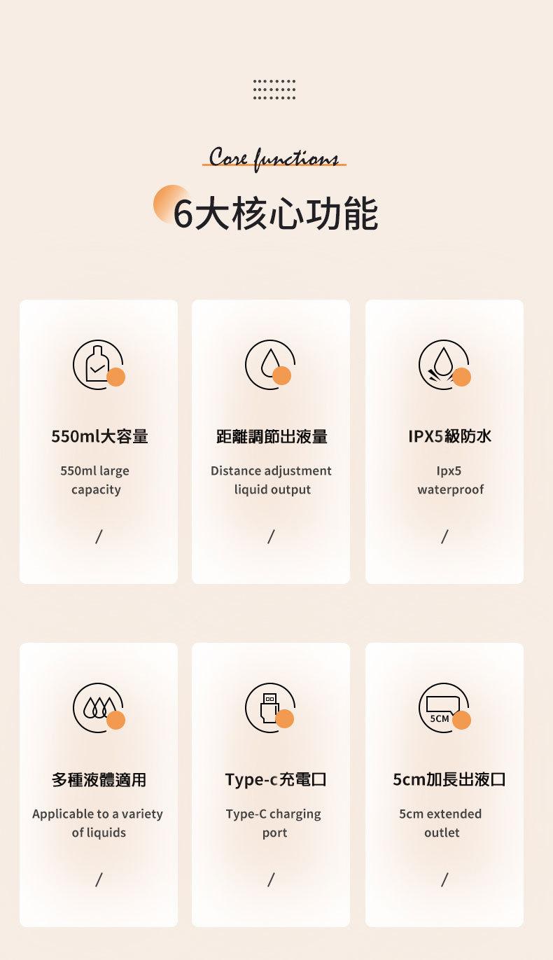 6大核心功能，550ml大容量，距離調節出液量，IPX5級防水，多種液體適用，Type-c充電口，5cm加長出液口。