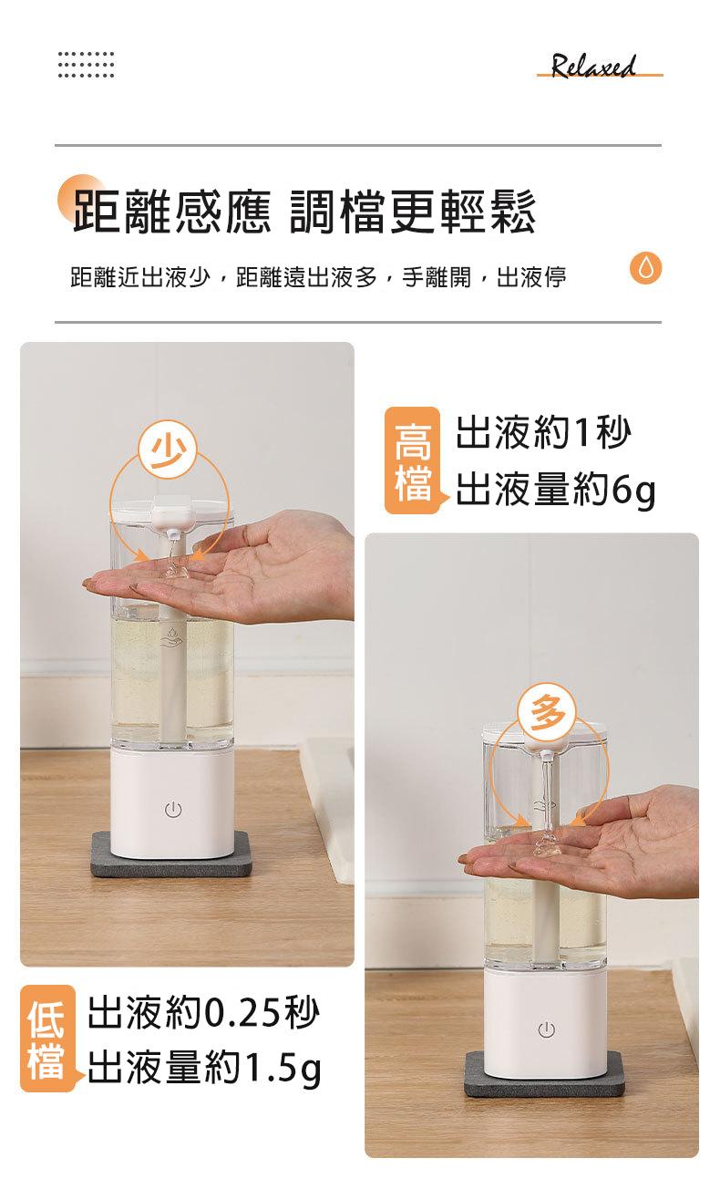 距離感應 調檔更輕鬆，距離近出液少,距離遠出液多,手離開,出液停，春 出液約1秒，憎 出液量約6g，假 出液約0.25秒，出液量約1.5g。