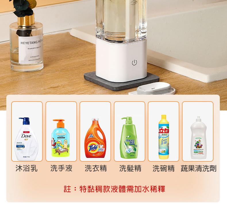 沐浴乳，洗手液 洗衣精 洗髮精 洗碗精 蔬果清洗劑，註:特黏稠款液體需加水稀釋。