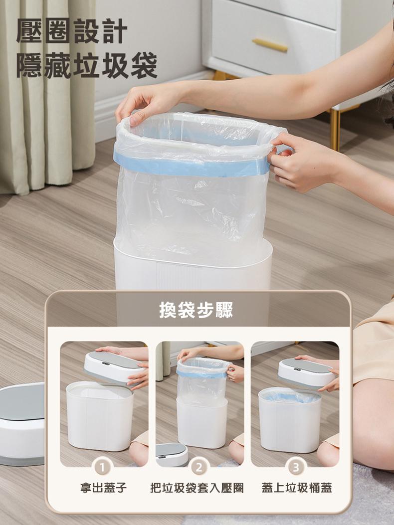壓圈設計，隱藏垃圾袋，換袋步驟，拿出蓋子，把垃圾袋套入壓圈 蓋上垃圾桶蓋。