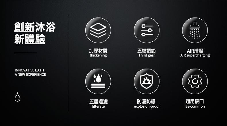 創新沐浴，新體驗，加厚材質，五檔調節，AIR增壓，五層過濾，防漏防爆，通用接口。