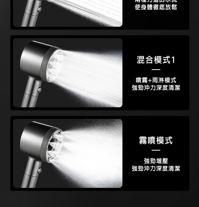 使身體徹底放鬆，混合模式1，噴霧+雨淋模式，強勁沖力深度清潔，霧噴模式，強勁增壓，強勁沖力深度清潔。