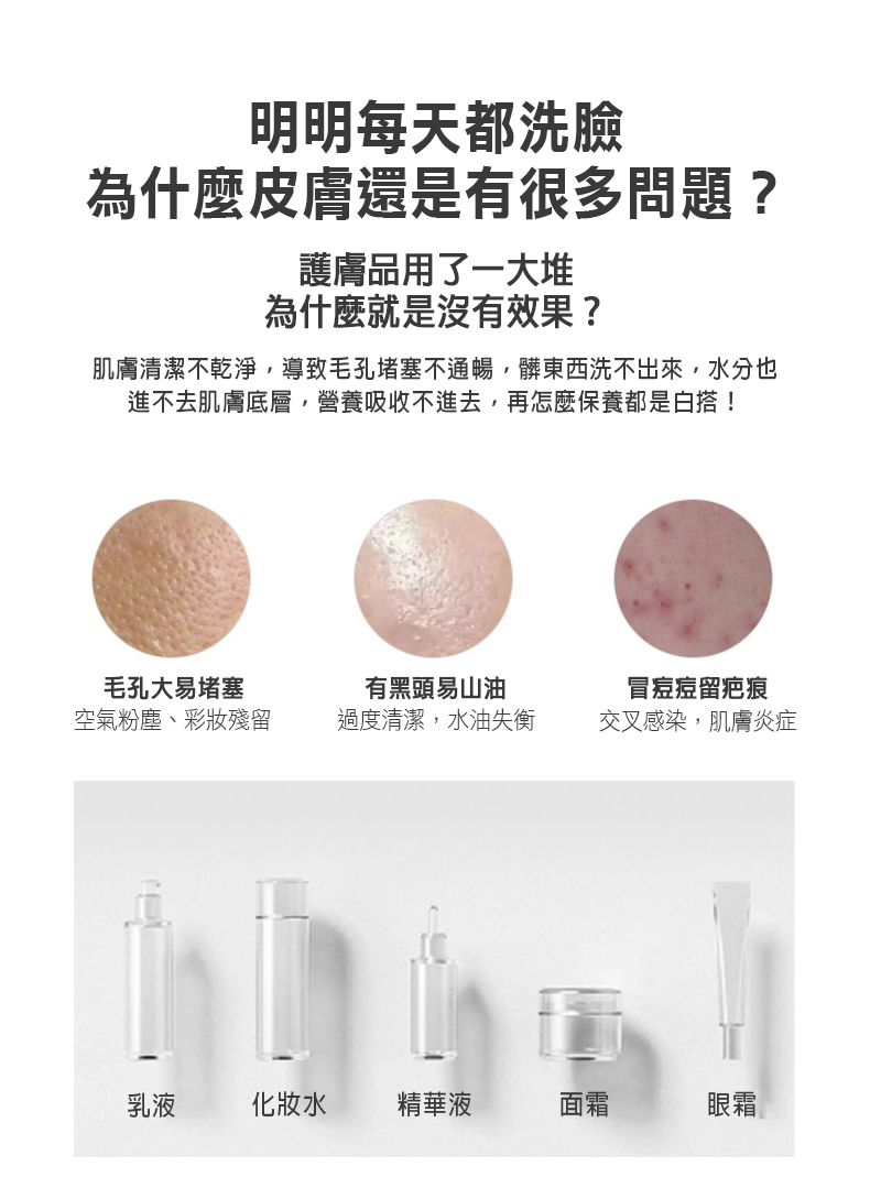 明明每天都洗臉，為什麼皮膚還是有很多問題?護膚品用了一大堆，為什麼就是沒有效果?肌膚清潔不乾淨,導致毛孔堵塞不通暢,髒東西洗不出來,水分也，進不去肌膚底層,營養吸收不進去,再怎麼保養都是白搭!毛孔大易堵塞，有黑頭易山油，冒痘痘留疤痕，空氣粉塵、彩妝殘