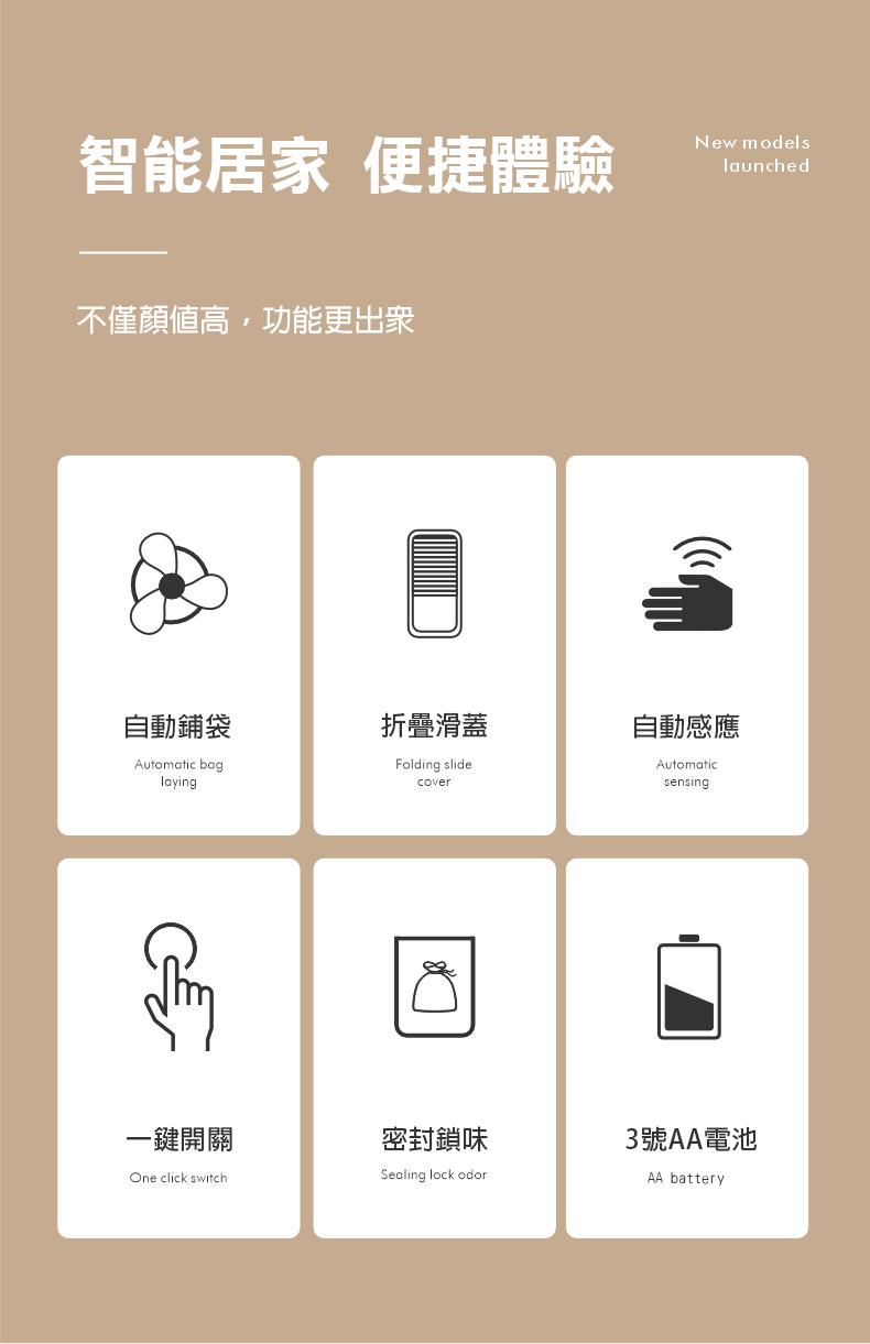 智能居家 便捷體驗，不僅顏值高,功能更出衆，自動鋪袋，折疊滑蓋，自動感應，一鍵開關，密封鎖味，3號AA電池。
