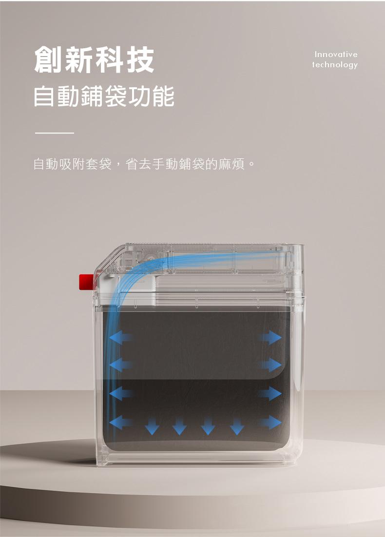 創新科技，自動鋪袋功能，自動吸附套袋,省去手動鋪袋的麻煩。