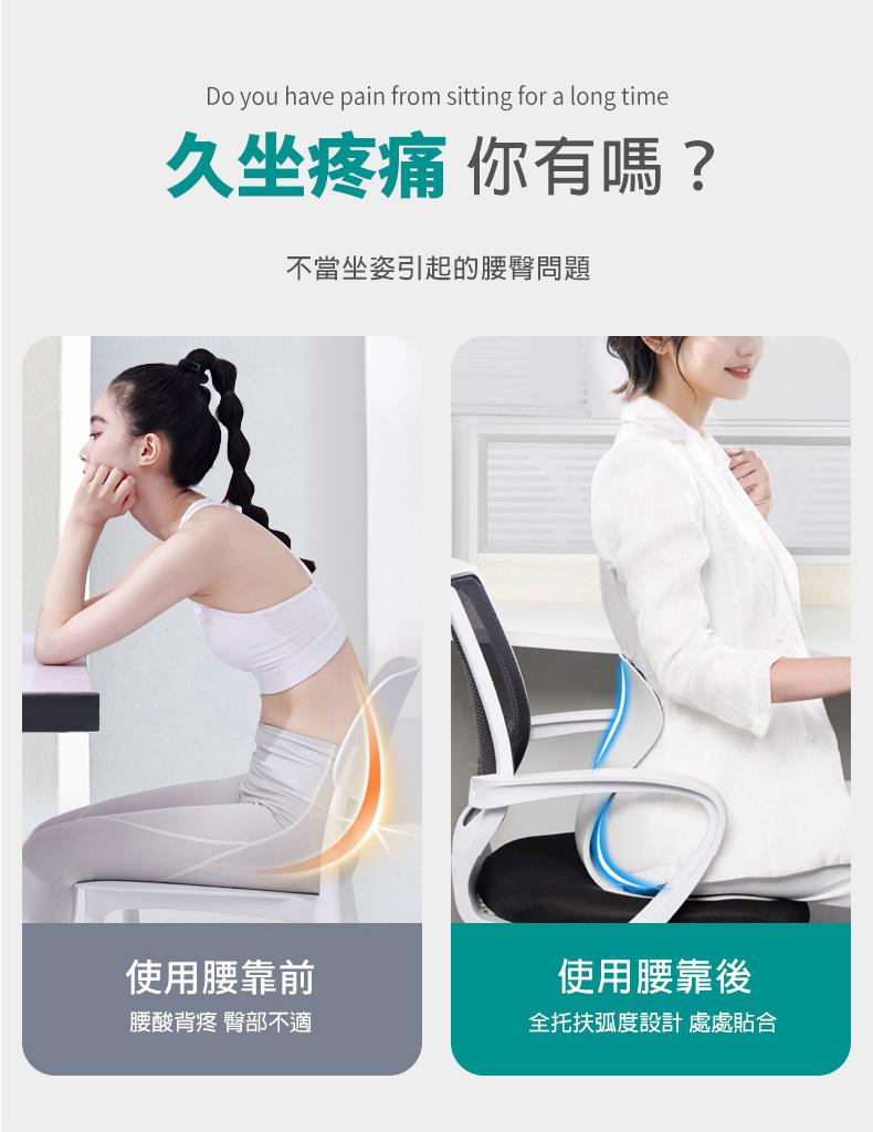 久坐疼痛 你有嗎?不當坐姿引起的腰臀問題，使用腰靠前，腰酸背疼 臀部不適，使用腰靠後，全托扶弧度設計 處處貼合。