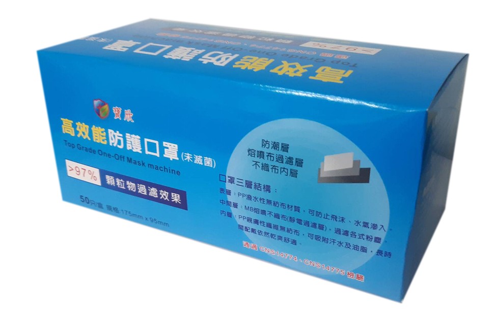 防潮層，熔噴布過濾層，不織布内層，高效能防護口罩未滅國)，口罩三層結構:表:PP渔水性無紡布材質,可防止飛沫、水氣滲入，中間層:MB熔不織布(靜電週溫層),過濾各式粉園，内層: PP親膚性羅維無紡布,可吸附汗水及油脂,長時，國配戴依然乾突舒適、P97