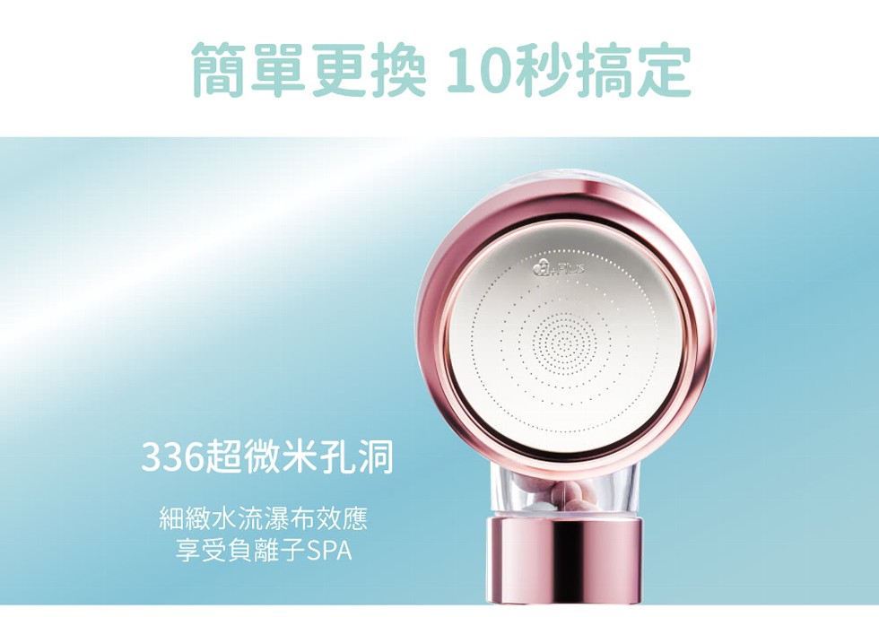 簡單更換 10秒搞定，336超微米孔洞，細緻水流瀑布效應，享受負離子SPA。