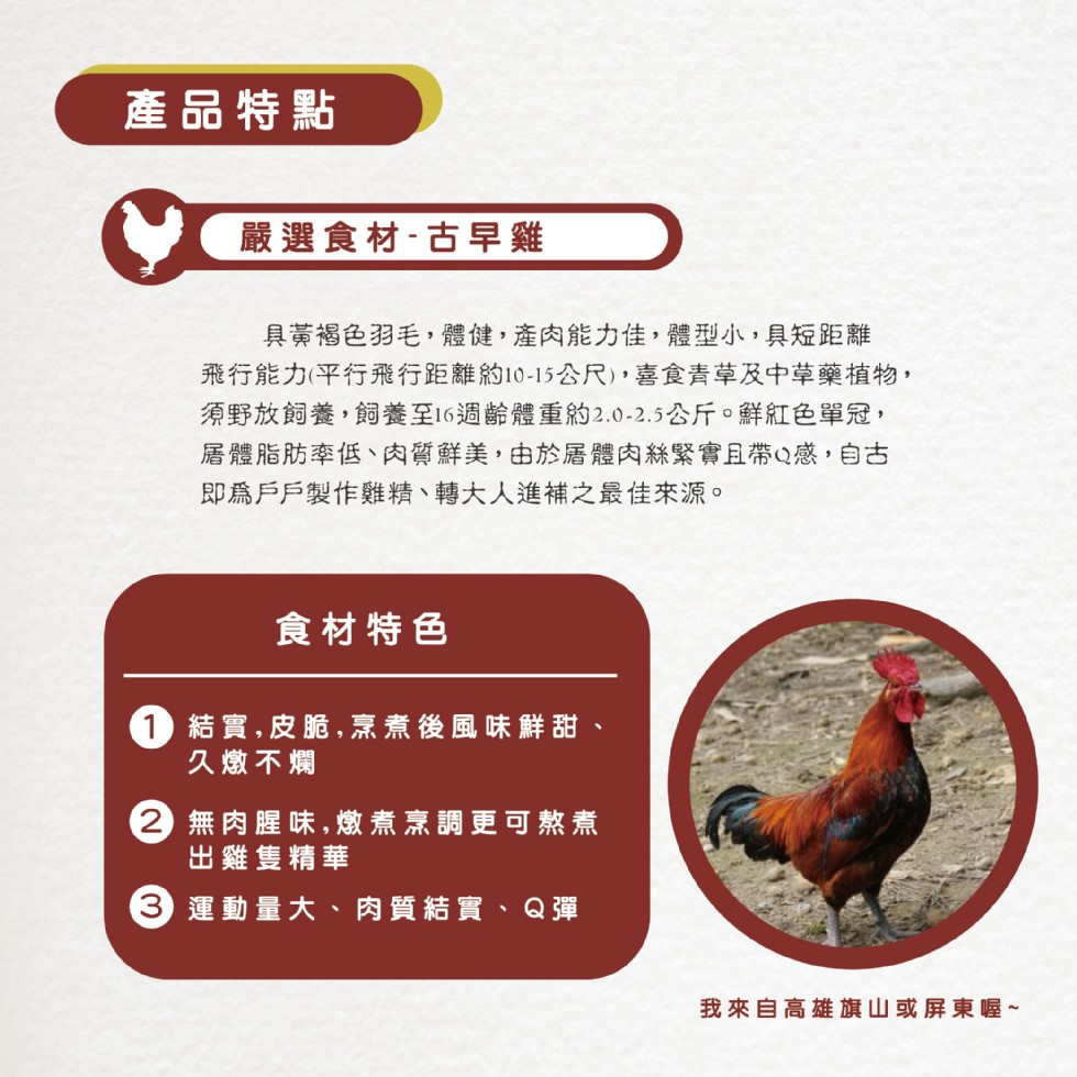 產品特點,嚴選食材-古早雞,具黃褐色羽毛,體健,產肉能力佳,體型小,具短距離,飛行能力(平行飛行距離約10-15公尺),喜食青草及中草藥植物,須野放飼養,飼養至16週齢體重約2.0-2.5公斤。鮮紅色單冠,屠體脂肪率低、肉質鮮美,由於屠體肉絲緊實且帶