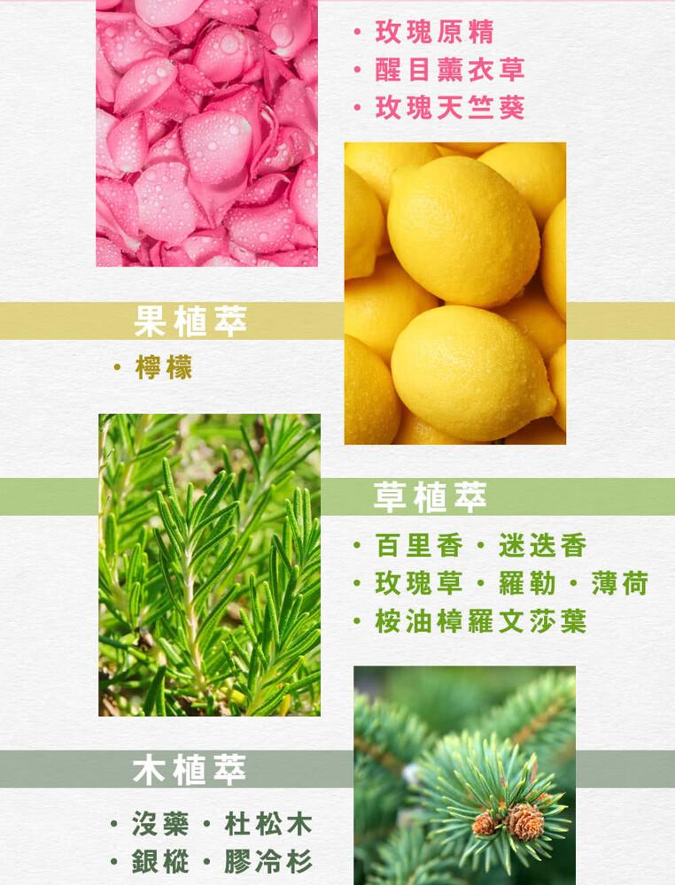 果植萃，木植萃，沒藥·杜松木，銀樅·膠冷杉，玫瑰原精，醒目薰衣草，玫瑰天竺葵，草植萃，百里香·迷迭香，玫瑰草·羅勒·薄荷，桉油樟羅文莎葉。