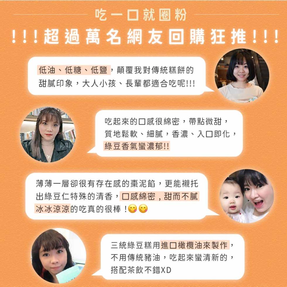 吃一口就圈粉，!!超過萬名網友回購狂推!!!低油、低糖、低鹽,顛覆我對傳統糕餅的，甜膩印象,大人小孩、長輩都適合吃呢!!!吃起來的口感很綿密,帶點微甜,質地鬆軟、細膩,香濃、入口即化,綠豆香氣蠻濃郁!!薄薄一層卻很有存在感的棗泥餡,更能襯托，出綠豆仁