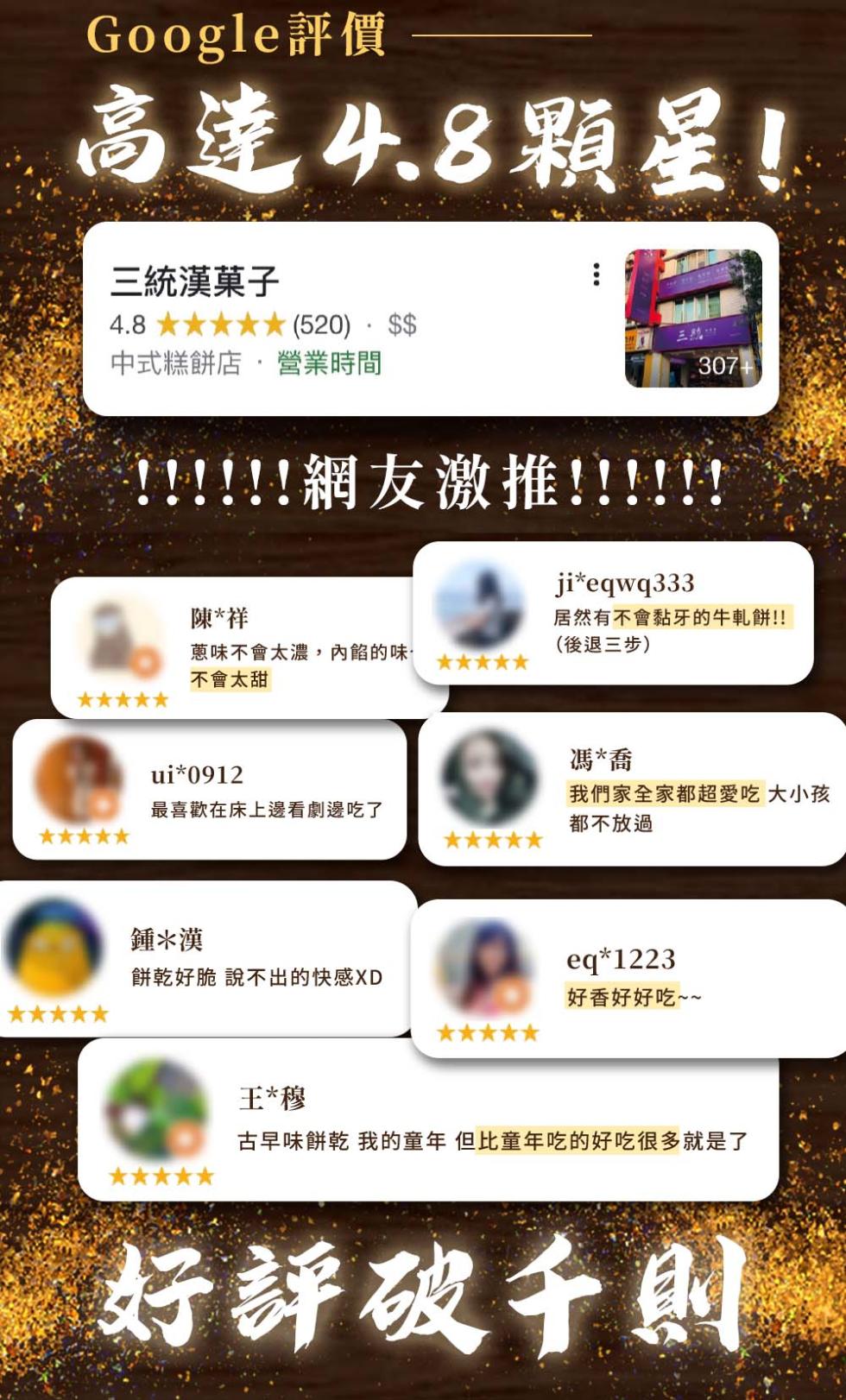 Google評價，高達4.8顆星!三統漢菓子，4.8 ★★★★★ (520) - $$，中式糕餅店, 營業時間，✰✰✰✰✰，★★★★★， ! ! ! ! ! ★ HE!!!!!!陳祥，蔥味不會太濃,內餡的味·，不會太甜，最喜歡在床上邊看劇邊吃了，鍾漢