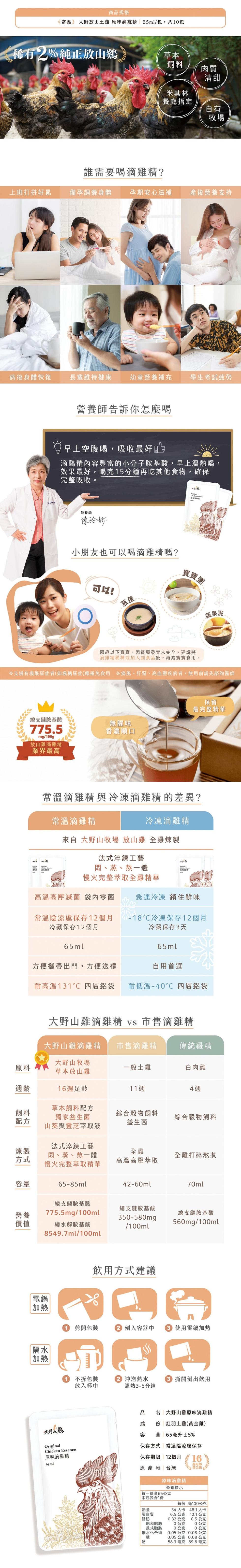 商品規格，《常溫》 大野放山土雞 原味滴雞精 65ml/包,共10包，稀有2%純正放山雞，米其林，餐廳指定，誰需要喝滴雞精?上班打拼好累，備孕調養身體，孕期安心滋補，產後營養支持，病後身體恢復，長輩維持健康，幼童營養補充，學生考試疲勞，營養師告訴你怎