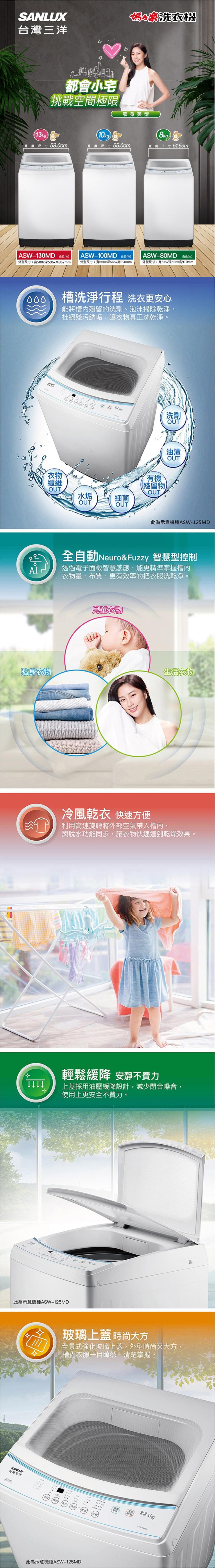 台灣三洋,媽樂洗衣機,都會小宅,挑戰空間極限,窄身美型,寬度尺寸58.0cm,寬度尺寸55.0cm,寬度尺寸51.5cm,ASW-130MD 白色(w),ASW-100MD 白色(W),ASW-80D 白色(W),外型尺寸:寬580x深596x高96