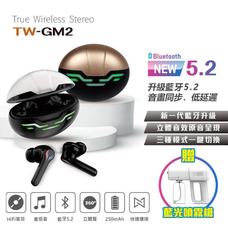 免運!TW-GM2真無線藍牙耳機 雙耳通話(藍牙5.2 台灣製造 送藍光噴霧槍) 1組