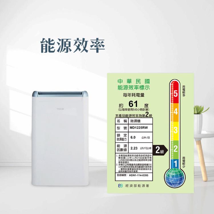 【TECO 東元】6L二級能效除濕機(MD1225RW)