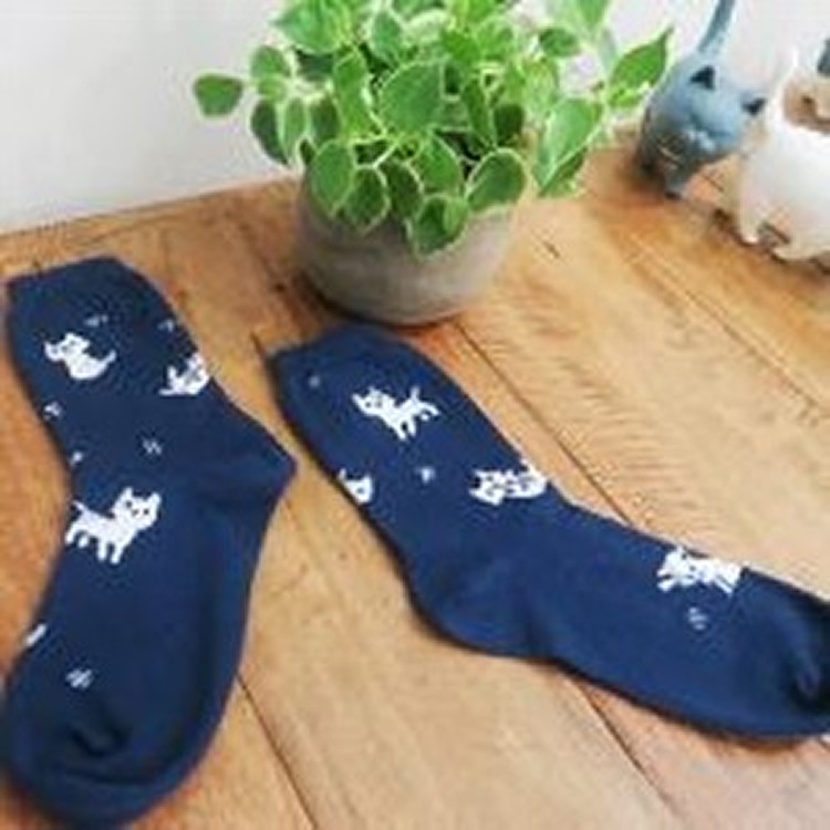 貓咪玩耍款長襪 - 午夜藍