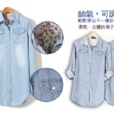 A款復古風休閒長版牛仔襯衫(淺藍色)