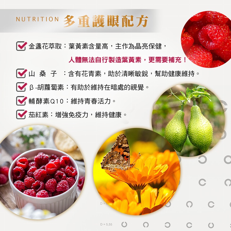 NUTRITION 多重護眼配方，金盞花萃取:葉黃素含量高,主作為晶亮保健,人體無法自行製造葉黃素,更需要補充!山桑子:含有花青素,助於清晰敏銳,幫助健康維持。B-胡蘿蔔素:有助於維持在暗處的視覺。輔酵素Q10:維持青春活力。茄紅素:增強免疫力,維持