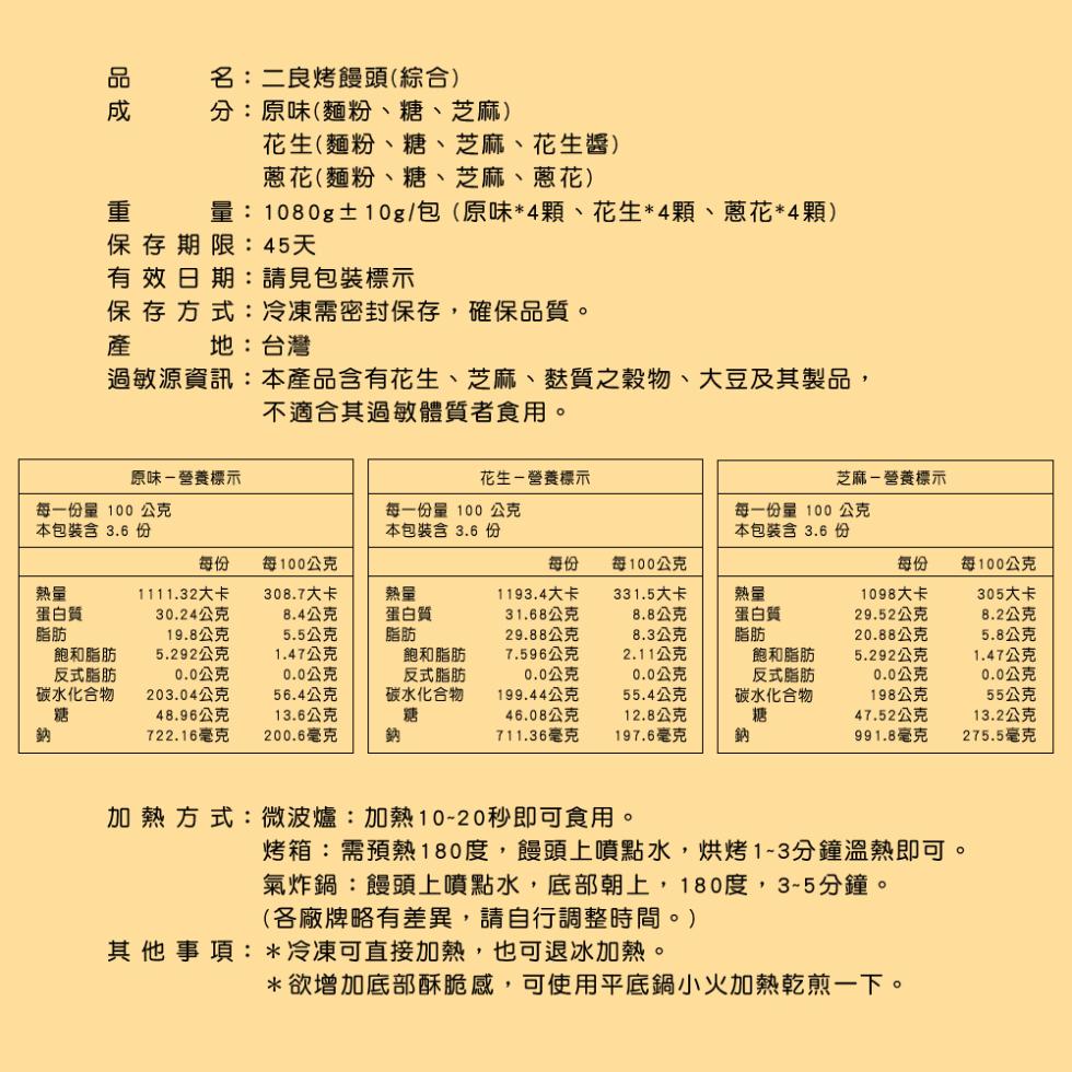 蛋白質，每一份量100公克，本包裝含 3.6 份，飽和脂肪，反式脂肪，碳水化合物，名:二良烤饅頭(綜合)，分:原味(麵粉、糖、芝麻)，保存期限:45天，有效日期:請見包裝標示，保存方式:冷凍需密封保存,確保品質。地:台灣，過敏源資訊:本產品含有花生、