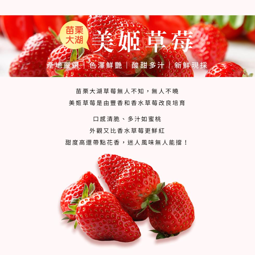 美姬草莓，產地嚴選色澤鮮艷︱酸甜多汁新鮮現採，苗栗大湖草莓無人不知,無人不曉，美姬草莓是由豐香和香水草莓改良培育，口感清脆、多汁如蜜桃，外觀又比香水草莓更鮮紅，甜度高還帶點花香,迷人風味無人能擋!。