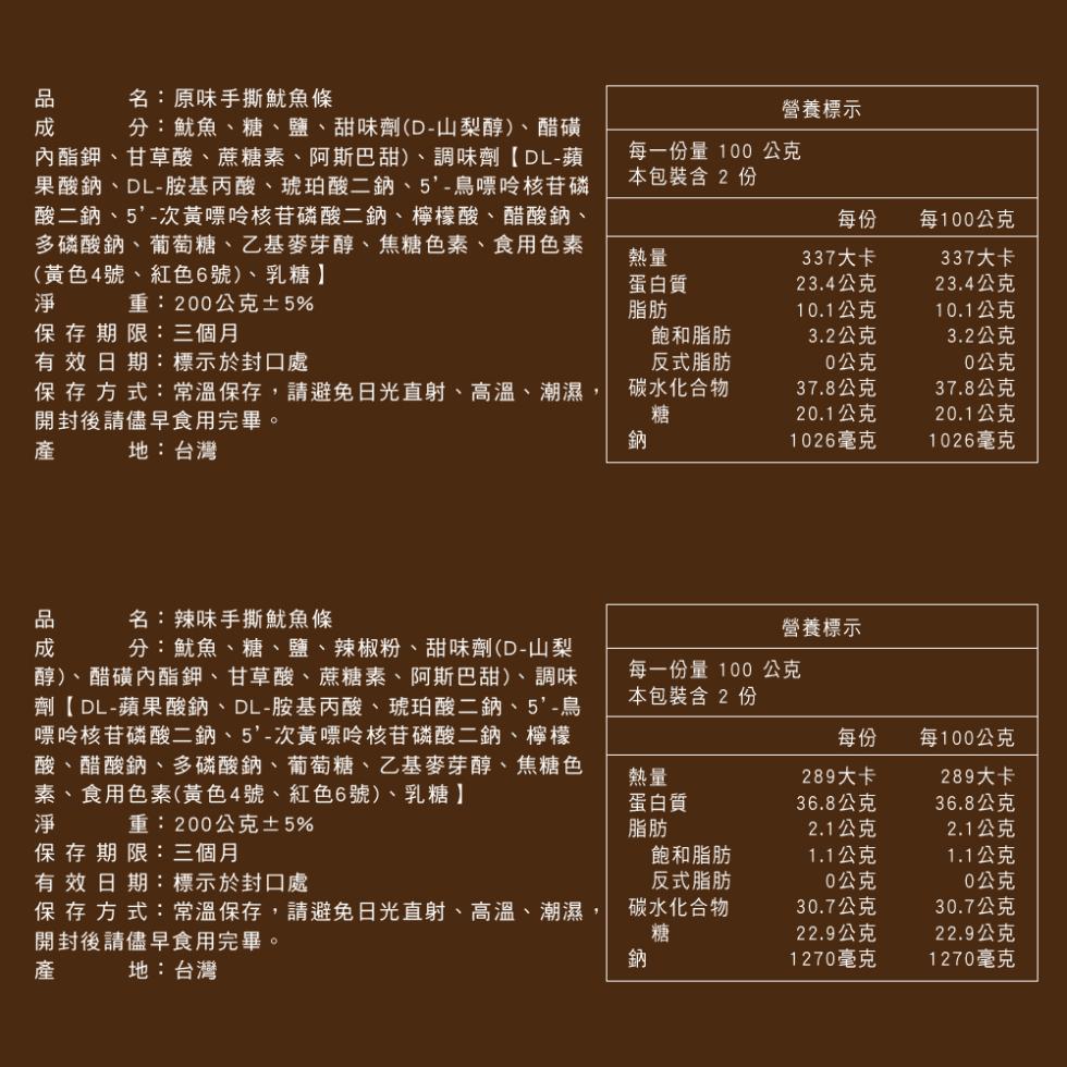 名:原味手撕魷魚條，分:魷魚、糖、鹽、甜味劑(D-山梨醇)、醋磺，內酯鉀、甘草酸、蔗糖素、阿斯巴甜)、調味劑【DL-蘋，果酸鈉、DL-胺基丙酸、琥珀酸二鈉、5'-鳥嘌呤核苷磷，酸二鈉、5'-次黃嘌呤核苷磷酸二鈉、檸檬酸、醋酸鈉、多磷酸鈉、葡萄糖、乙基