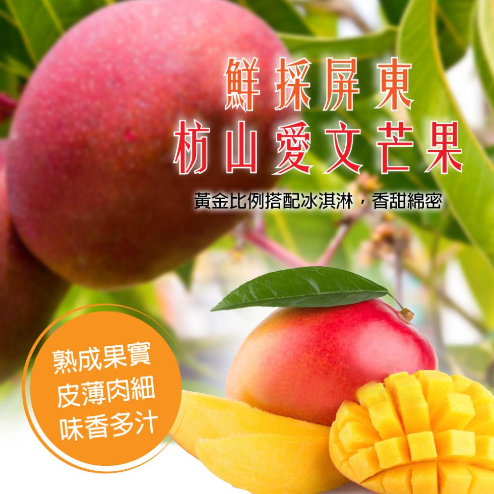 熟成果實，皮薄肉細，味香多汁，鮮採屏東，枋山愛文芒果，黃金比例搭配冰淇淋,香甜綿密。