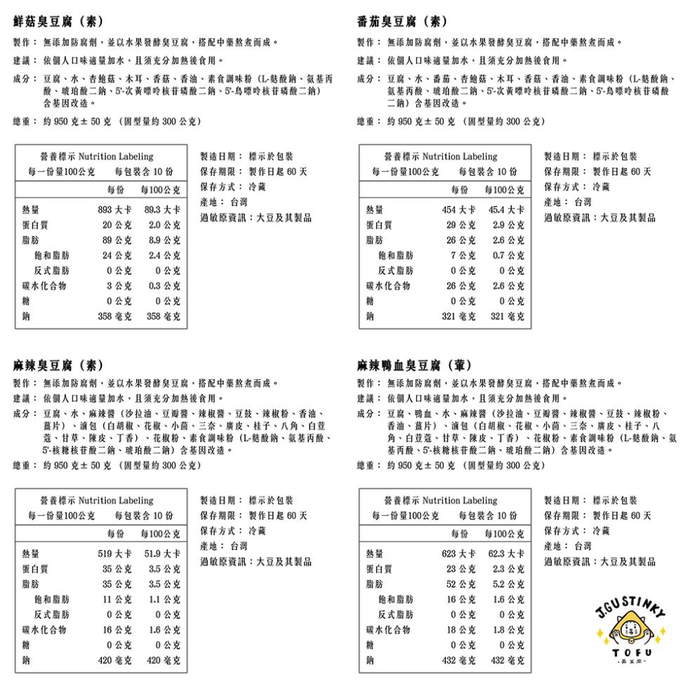 鮮菇臭豆腐(索),製作: 無添加防腐劑,並以水果發酵臭豆腐,搭配中藥熬煮而成。建議: 依個人口味適量加水,且須充分加熱後食用。成分: 豆腐、水、杏鮑菇、木耳、香菇、香油、素食調味粉(L-麩酸鈉、氨基丙,酸、琥珀酸二鈉、5'-次黃嘌呤核苷磷酸二鈉、5'