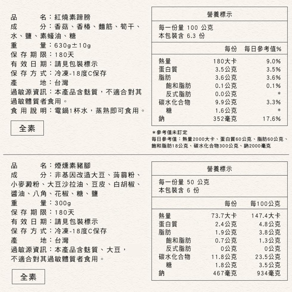 名:紅燒素蹄膀，營養標示，分:香菇、香椿、麵筋、筍干、每一份量 100 公克，水、鹽、素蠔油、糖，本包裝含 6.3 份，量:630g±10g，每份 每日參考值%，保存期限:180天，有效日期:請見包裝標示，180大卡，蛋白質，3.5公克，保存方式:冷