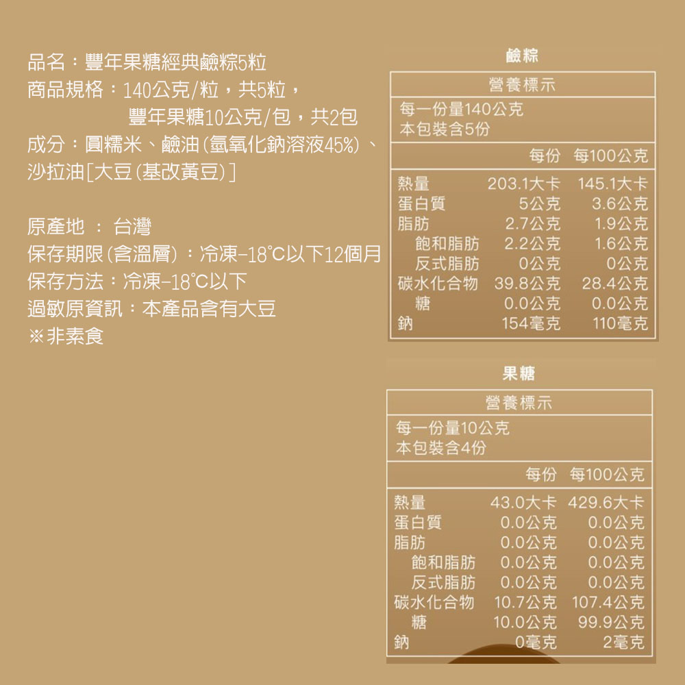 品名:豐年果糖經典鹼粽5粒，商品規格:140公克/粒,共5粒,營養標示，豐年果糖10公克/包,共2包，每一份量140公克，本包裝含5份，成分:圓糯米、鹼油(氫氧化鈉溶液45%)，沙拉油[大豆(基改黃豆)]，每100公克，蛋白質，203.1大卡，145
