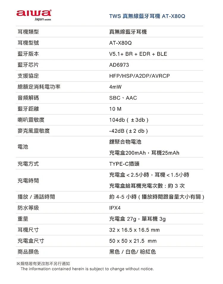 TWS 真無線藍牙耳機AT-X80Q，耳機類型，真無線藍牙耳機，耳機型號，藍牙版本，藍牙芯片，支援協定，總額定消耗電功率，音頻解碼，SBC • AAC，藍牙距離，喇叭靈敏度，104db (土3db)，麥克風靈敏度，42dB (土2 db)，鋰聚合物電