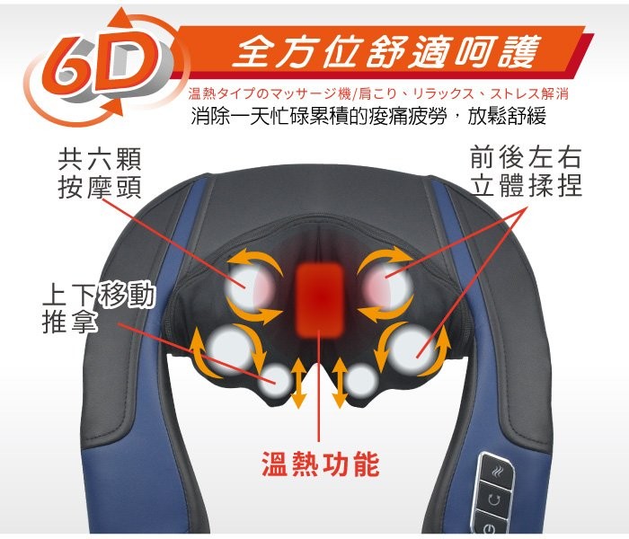 全方位舒適呵護，温熱タイプのマッサージ機/肩こり、リラックス、ストレス解消，消除一天忙碌累積的疫痛疲勞,放鬆舒緩，共六顆，按摩頭，前後左右，立體揉捏，上下移動，溫熱功能，C/き。