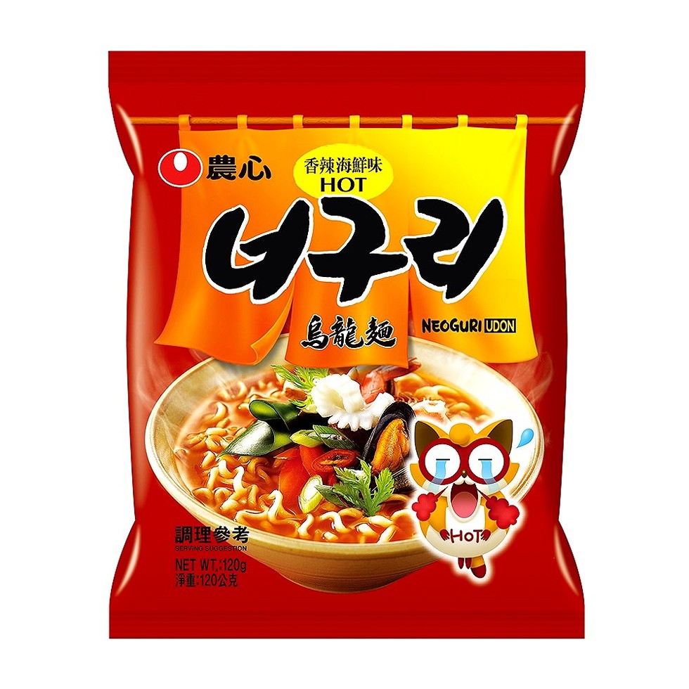 )農心，香辣海鮮味，НОТ，乌能麵，調理參考，淨重:120公克。