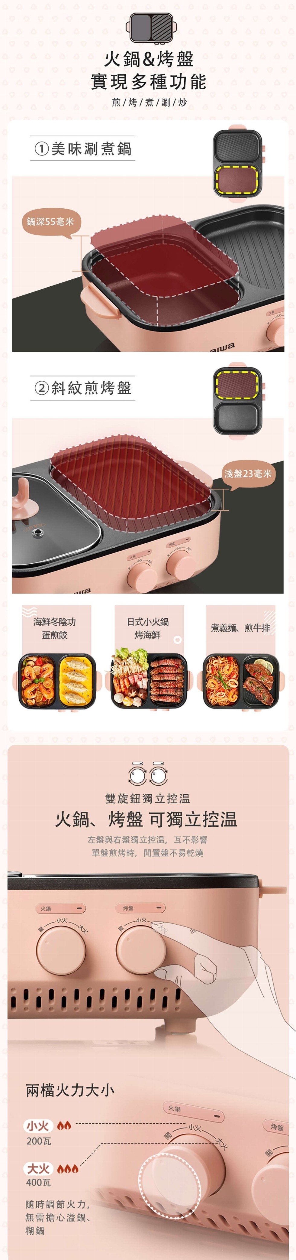 火鍋&烤盤，實現多種功能，煎/烤/煮/涮/炒，①美味涮煮鍋，鍋深55毫米，②斜紋煎烤盤，(淺盤23毫米，日式小火鍋，烤海鮮，海鮮冬陰功，煮義麵、煎牛排，蛋煎餃，雙旋鈕獨立控温，火鍋、烤盤可獨立控温，左盤與右盤獨立控温,互不影響，單盤煎烤時,閒置盤不易