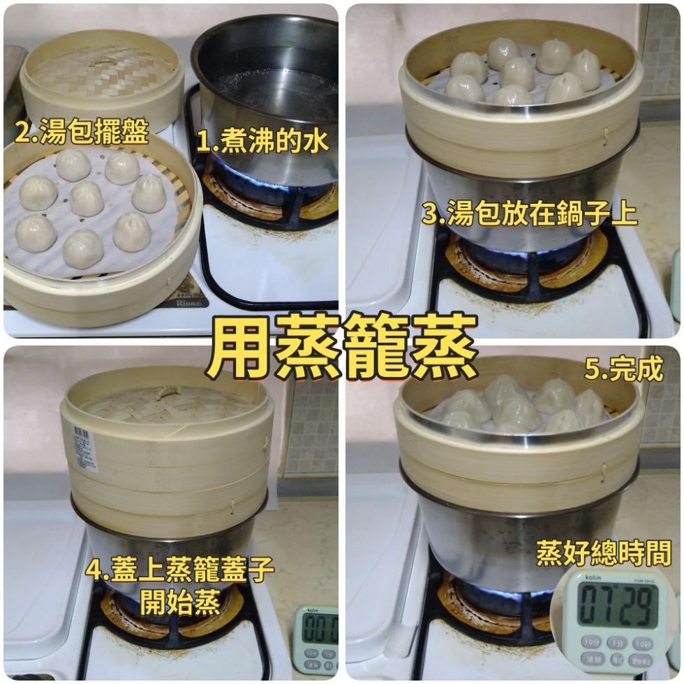 2.湯包擺盤，1. 煮沸的水，3.湯包放在鍋子上，用蒸籠蒸，4.蓋上蒸籠蓋子，開始蒸，5.完成，蒸好總時間。