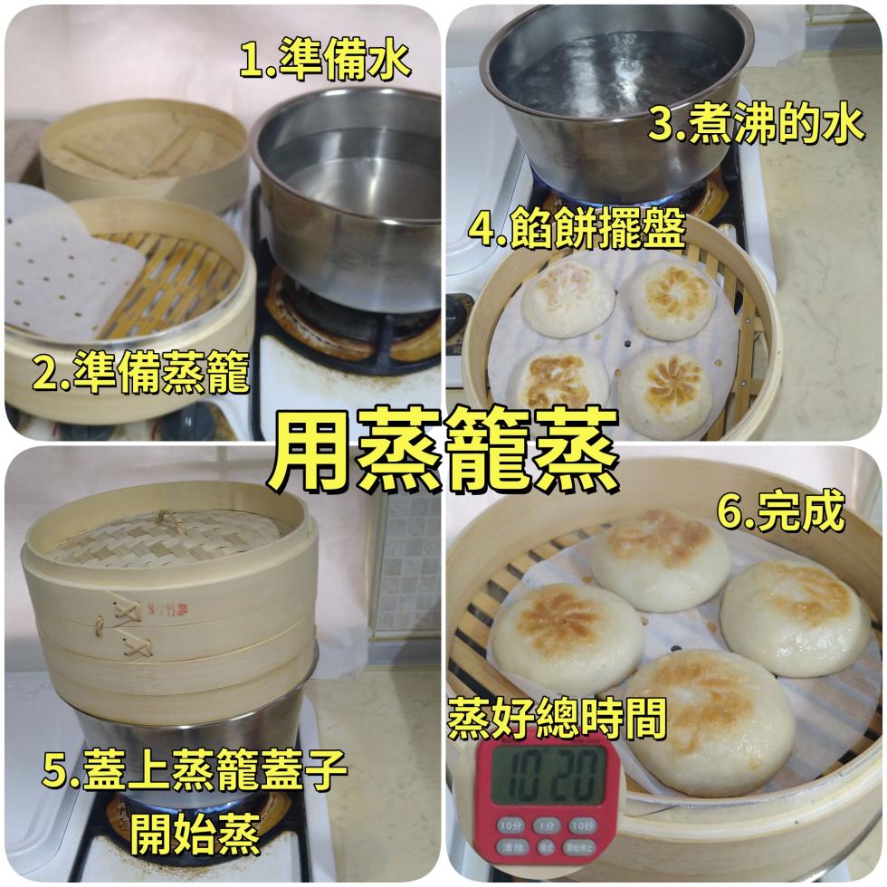 3.煮沸的水，2.準備蒸籠，1.準備水，4.餡餅擺盤，用蒸籠蒸，5.蓋上蒸籠蓋子，開始蒸，蒸好總時間，6.完成。
