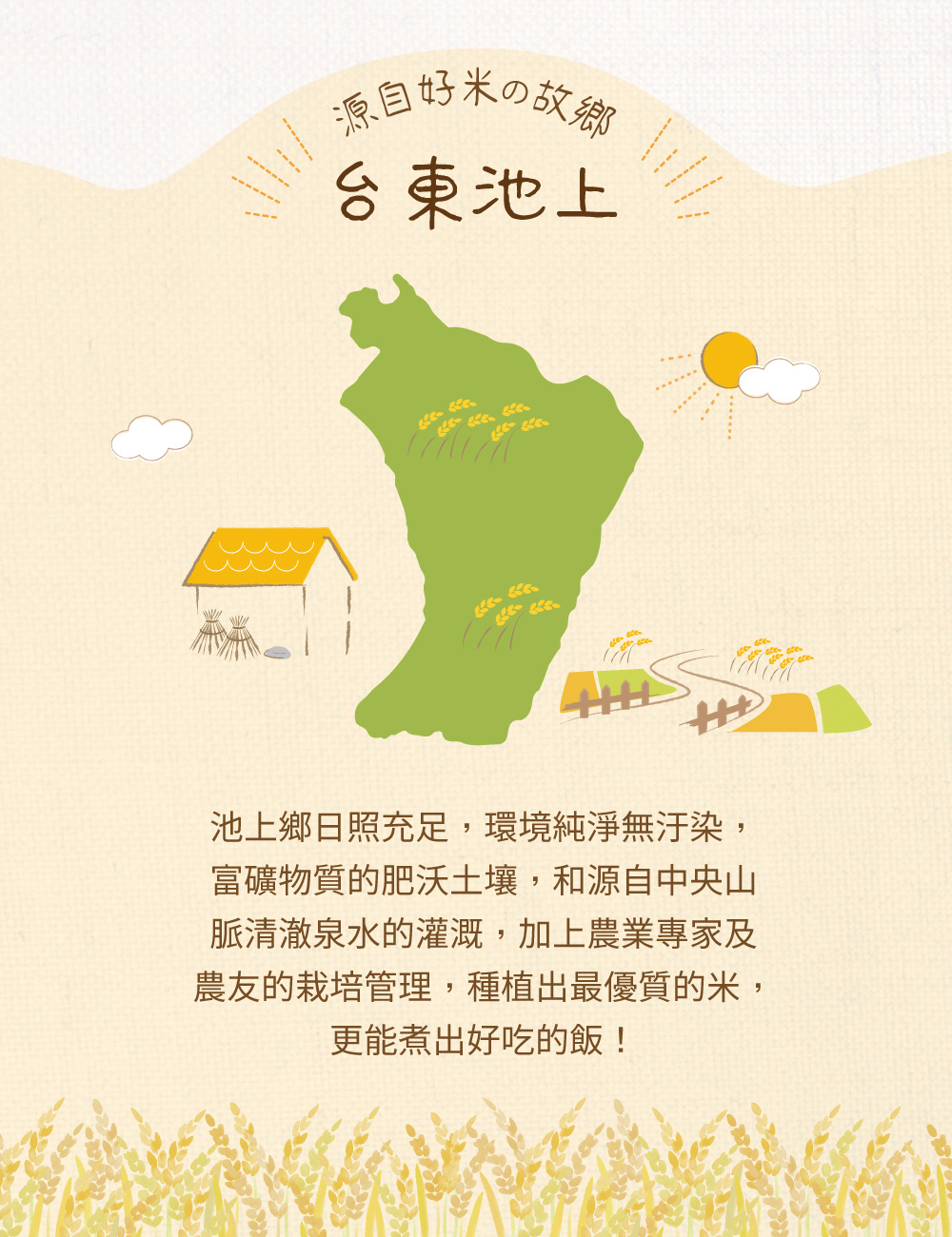 漁自好米の故郷,台東池上,池上鄉日照充足,環境純淨無汙染,富礦物質的肥沃土壤,和源自中央山,脈清澈泉水的灌溉,加上農業專家及,農友的栽培管理,種植出最優質的米,更能煮出好吃的飯!。
