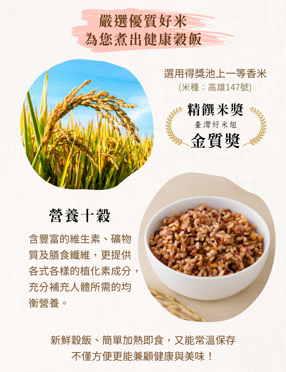 嚴選優質好米，為您煮出健康穀飯，選用得獎池上一等香米，(米種:高雄147號)，精饌米獎，臺灣好米組，金質獎，營養十穀，含豐富的維生素、礦物，質及膳食纖維,更提供，各式各樣的植化素成分,充分補充人體所需的均，衡營養。新鮮穀飯、簡單加熱即食,又能常溫保存