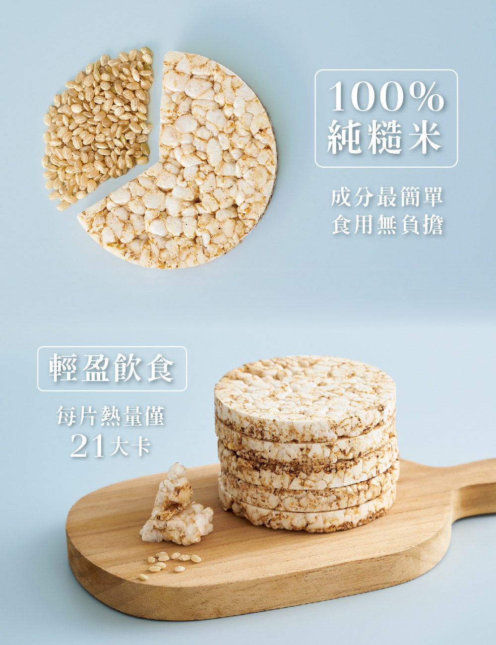 輕盈飮食，每片熱量僅，21大卡，純糙米，成分最簡單，食用無負擔。